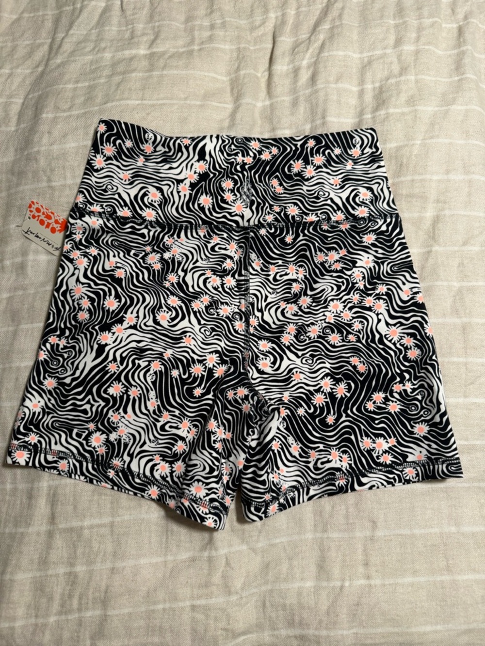 Free People Black & White Swirl Bike Shorts with Pink Floral Accents - Picture 11 of 12